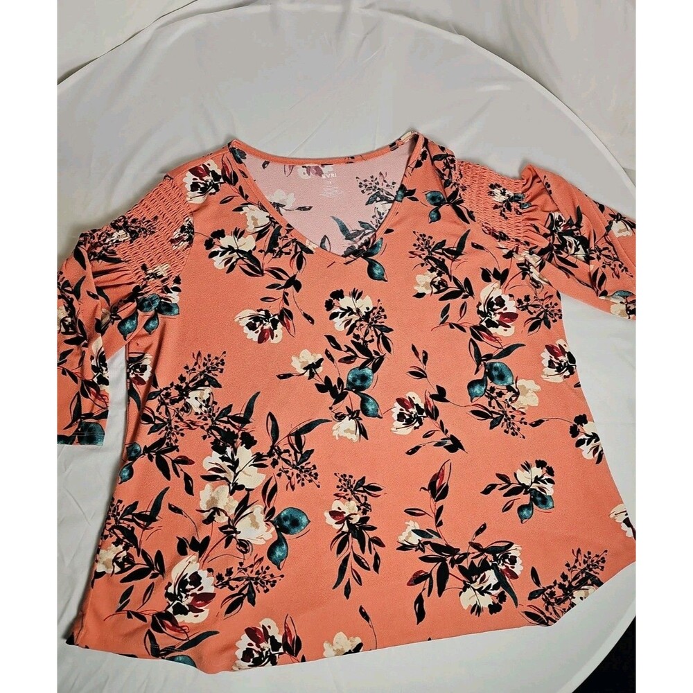 EVRI Women's 1X Peach Floral Short Sleeve V-Neck Blouse Plus Size Top XL